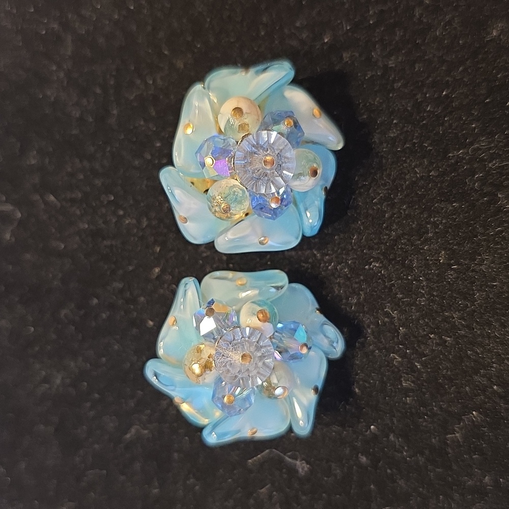 Vintage earrings by LAGUNA. Blue Glass Beads and Aurora Borealis beads 1 Inch